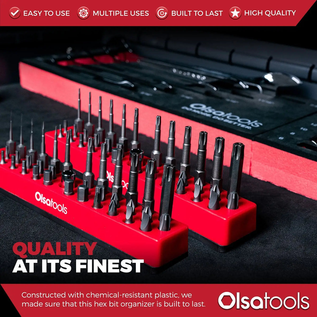 Olsa Tools Canada magnetic hex bit organizer holding various hex bits for easy tool management and quick access.