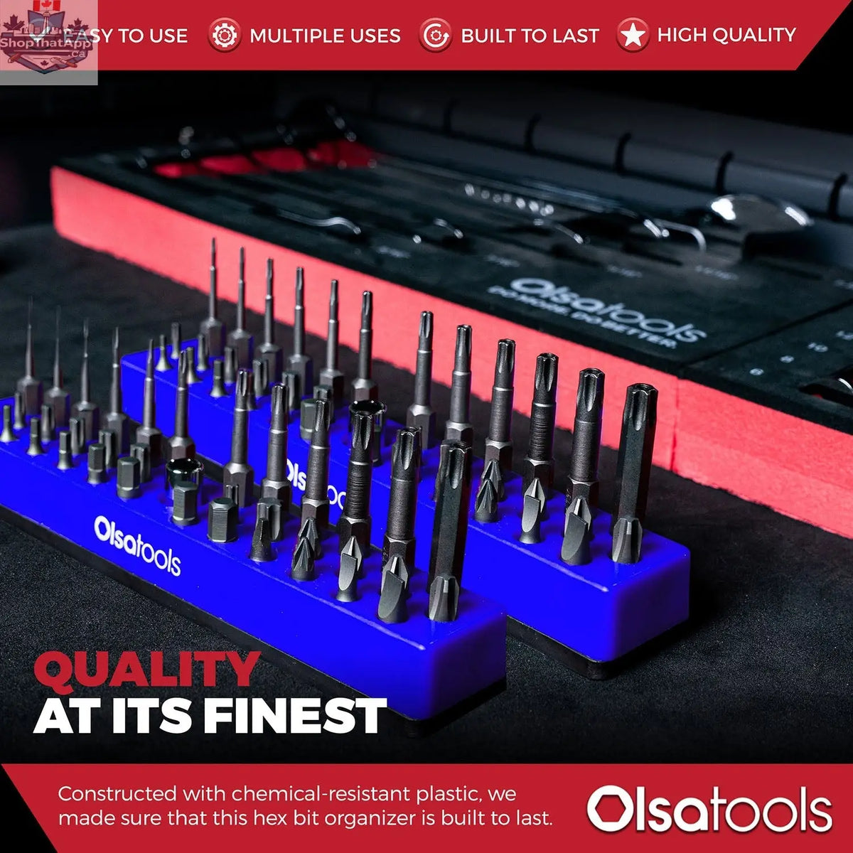 Olsa Tools Canada magnetic hex bit organizer with labeled slots for easy tool management and quick access