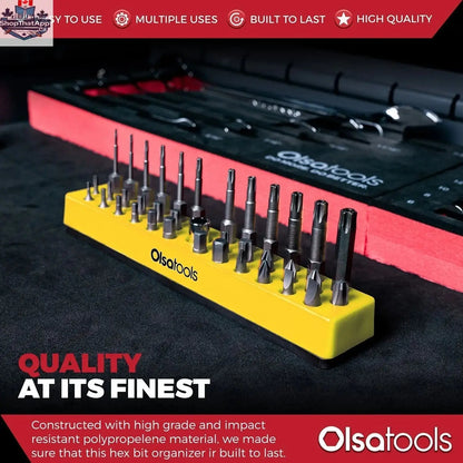 Olsa Tools Canada magnetic hex bit organizer holding various hex bits for easy storage and quick access.