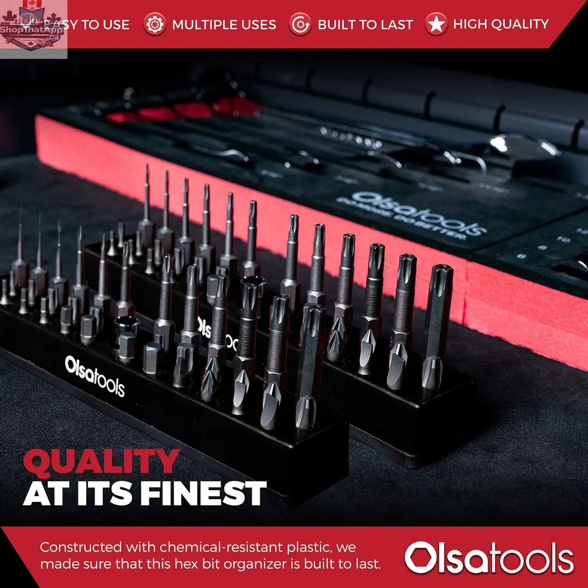 Magnetic hex bit organizer by Olsa Tools Canada holding various hex bits for easy access and efficient tool management.