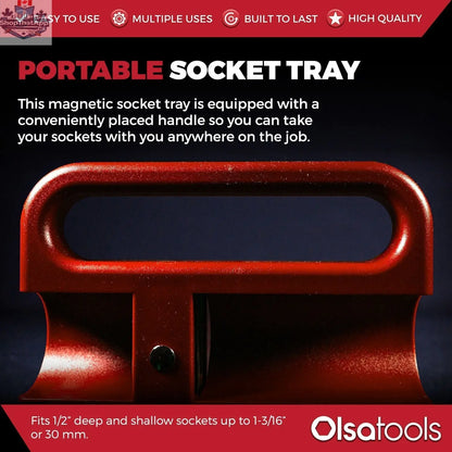 Olsa Tools Canada magnetic socket organizer tray with labeled slots for easy tool management and secure socket storage.