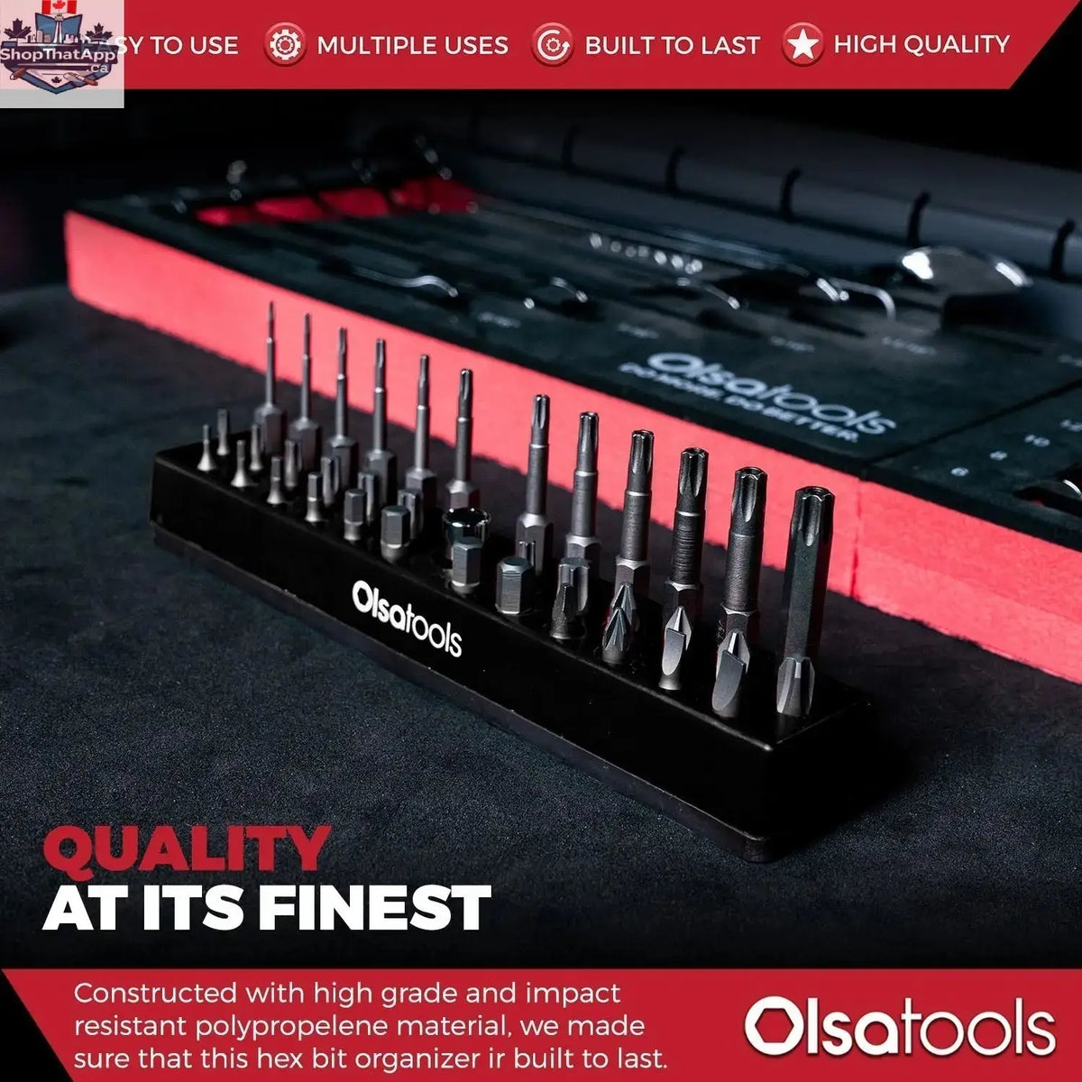Olsa Tools Canada magnetic hex bit organizer with compartments for easy tool management and quick access to hex bits.