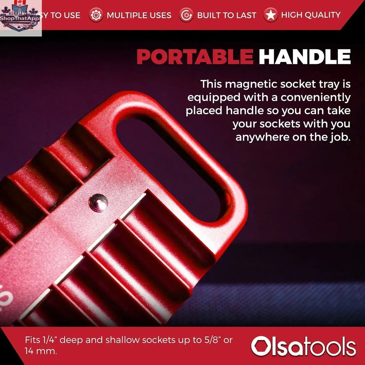 Olsa Tools Canada magnetic socket organizer tray holding various socket sizes for easy tool management and storage.