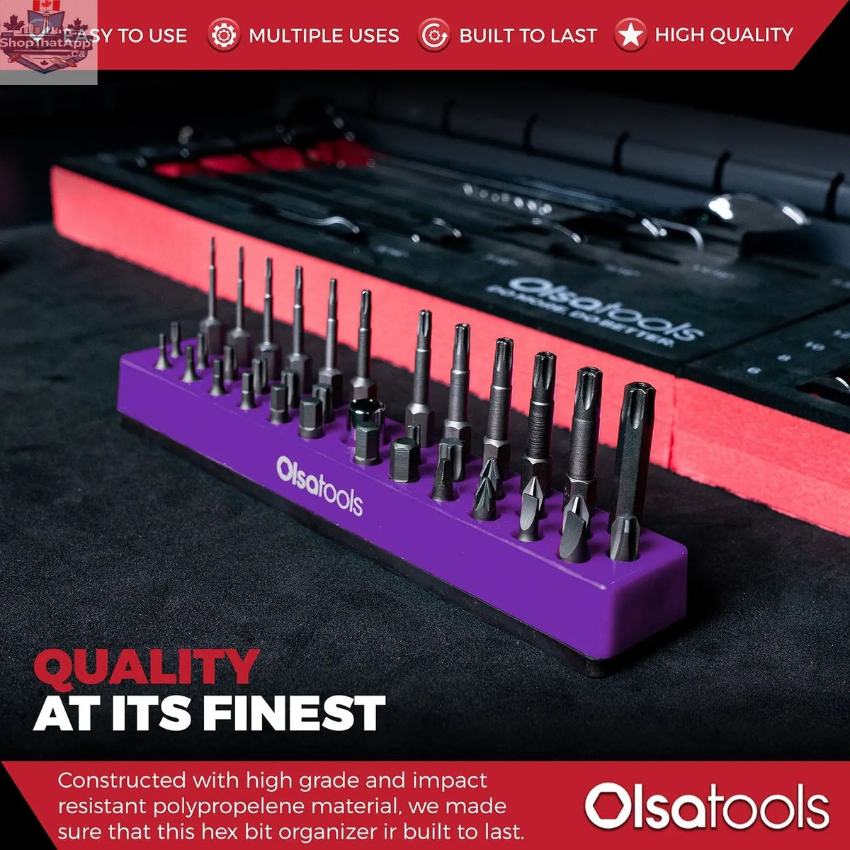 Olsa Tools Canada magnetic hex bit organizer showing multiple hex bits held securely for easy access and efficient tool management.