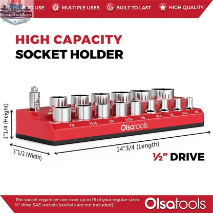 Infographic showing Olsa Tools Canada 2-row magnetic socket holders for 1/2 drive click torque wrench, organizing socket sets efficiently.