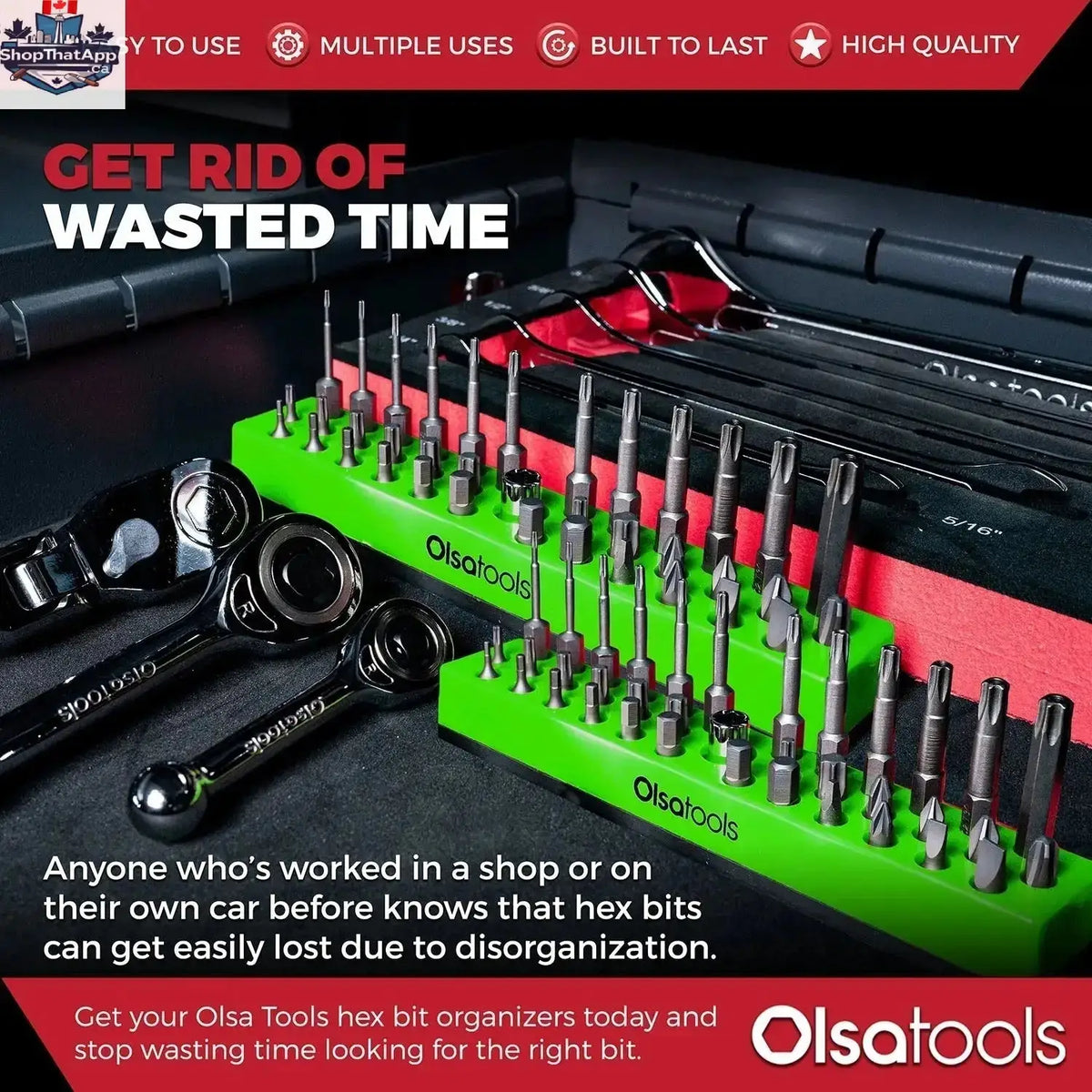 Olsa Tools Canada magnetic hex bit organizer with labeled slots for easy tool management and quick access