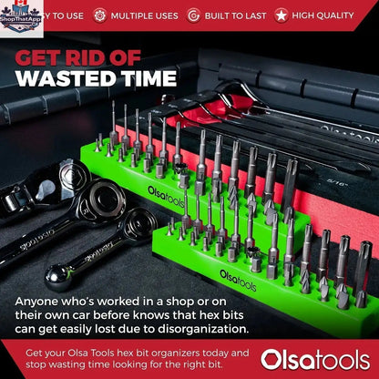 Olsa Tools Canada magnetic hex bit organizer with labeled slots for easy tool management and quick access