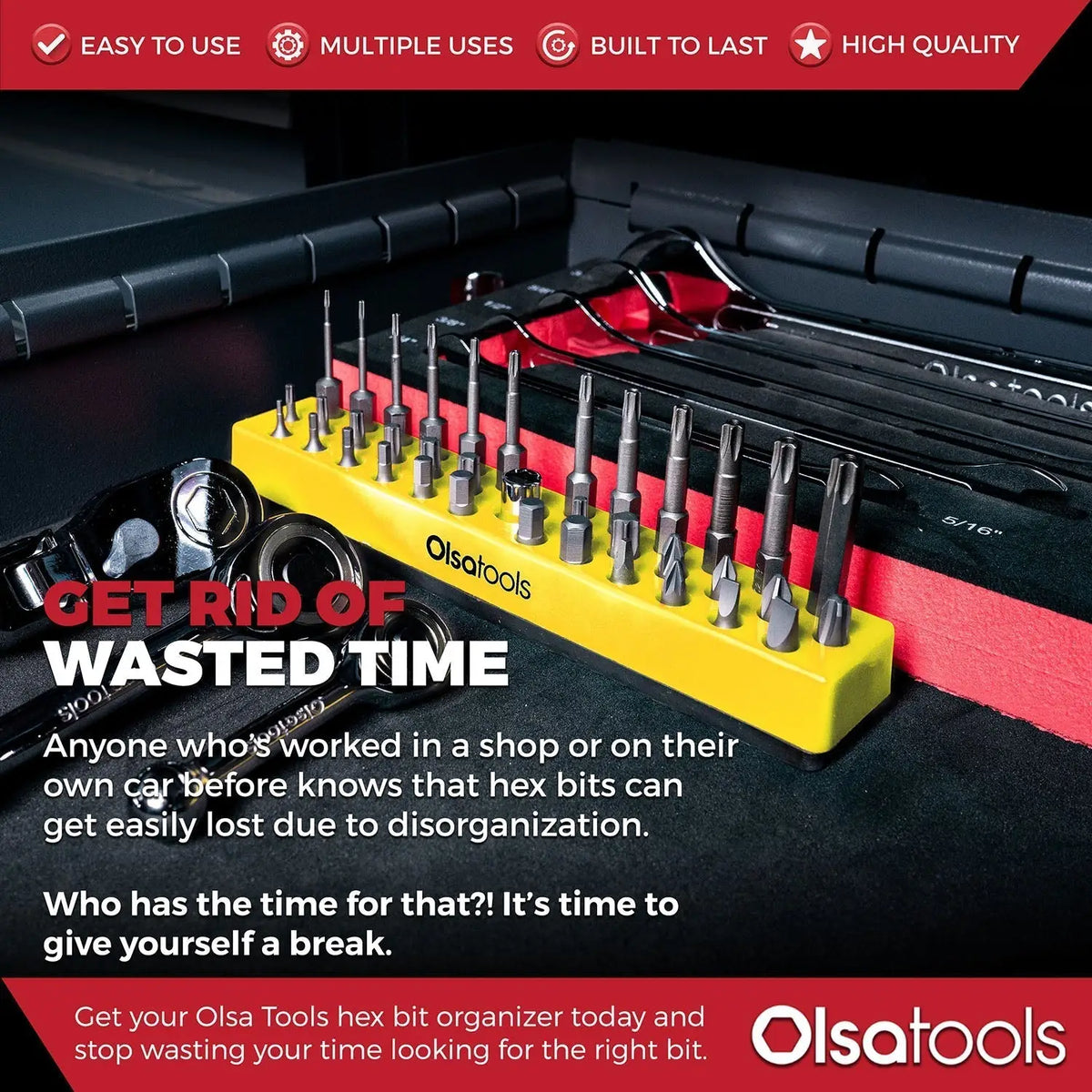 Olsa Tools Canada magnetic hex bit organizer with labeled slots for easy tool management and quick access.
