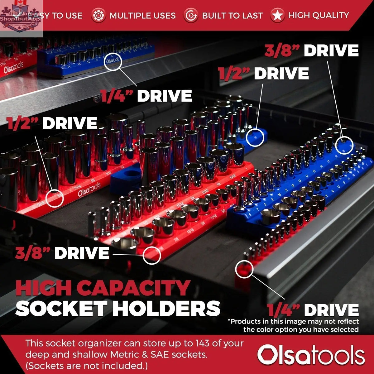 Infographic showing Olsa Tools Canada 2-Row Magnetic Socket Holders for 1/2 drive click torque wrenches, organizing socket sets efficiently.