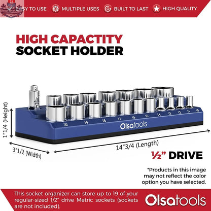 Olsa Tools Canada 2-row magnetic socket holders for 1/2 drive click torque wrench, organized socket storage and organization.