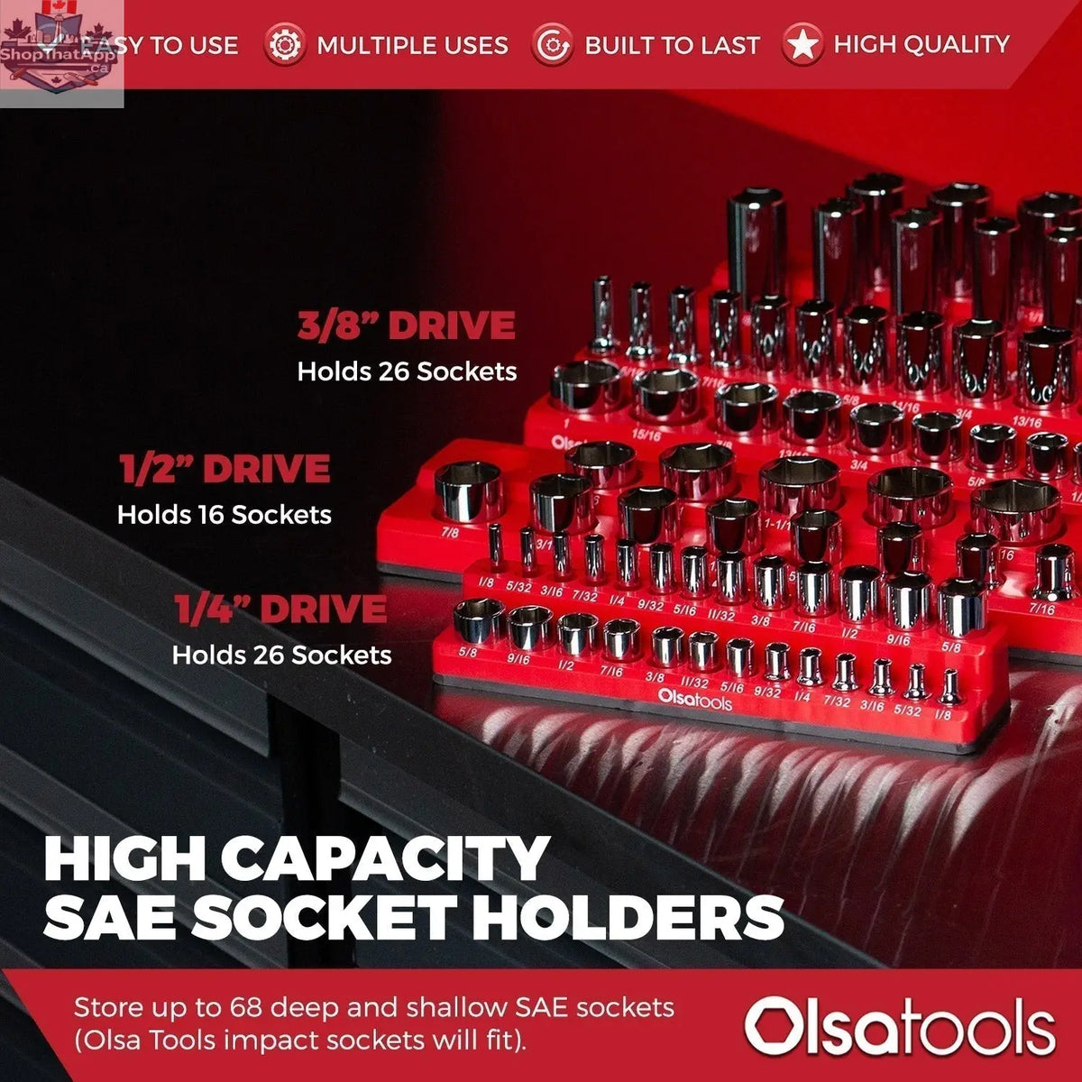 Olsa Tools Canada 2-Row Magnetic Socket Holders for 1/2 drive click torque wrench, organizing sockets securely with magnetic design.