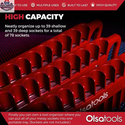 Olsa Tools Canada magnetic socket organizer tray with labeled slots for easy tool management and secure storage.