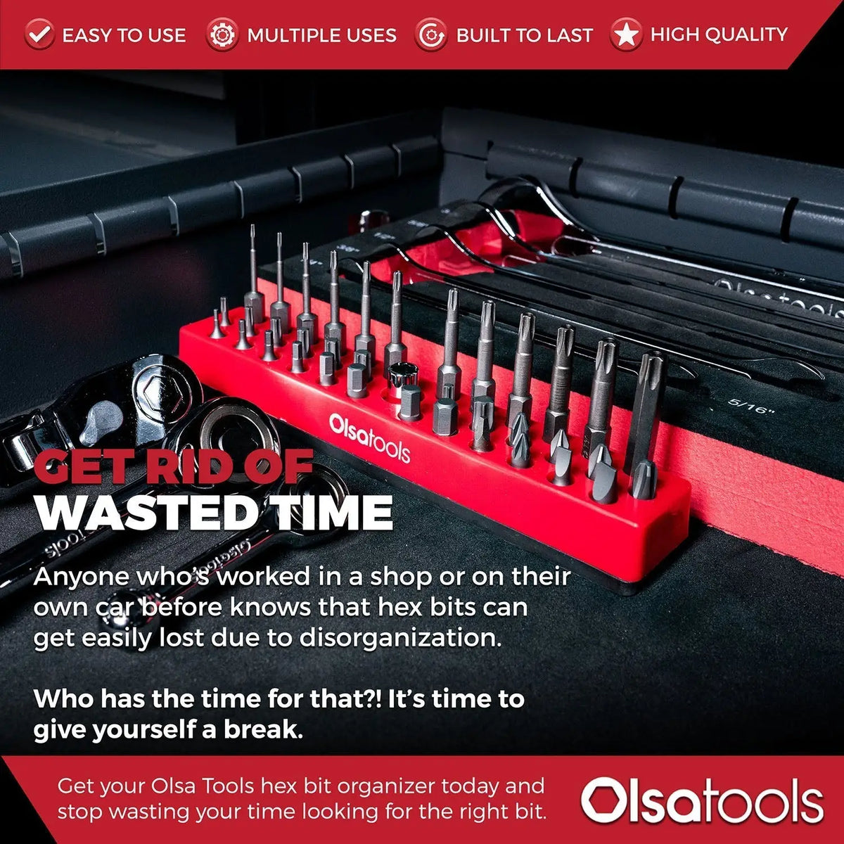 Olsa Tools Canada magnetic hex bit organizer showing a compact, easy-to-access storage system for hex bits and tools.