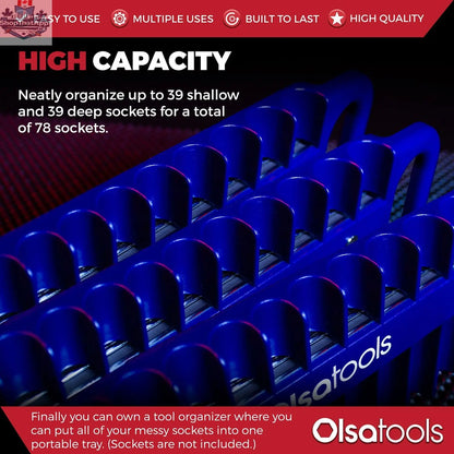 Olsa Tools Canada magnetic socket organizer tray holding multiple socket tools for organized and easy access.