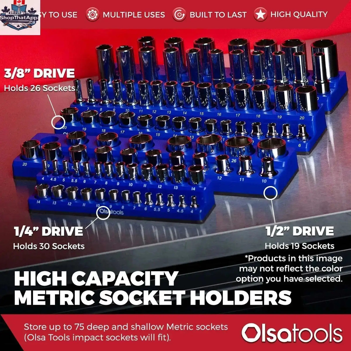 Two-row magnetic socket holder for 1/2 drive click torque wrench, organized socket storage by Olsa Tools Canada.