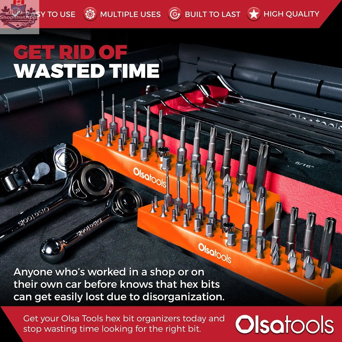 Olsa Tools Canada magnetic hex bit organizer holding various hex bits for easy tool management and quick access