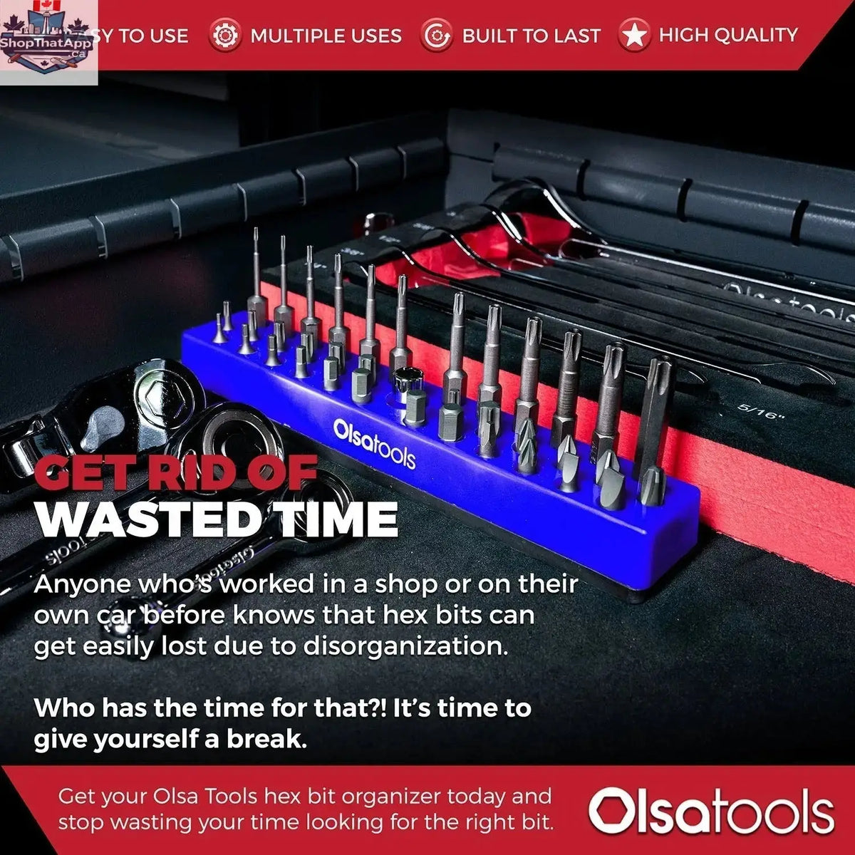 Olsa Tools Canada magnetic hex bit organizer with labeled slots for easy tool management and quick access.