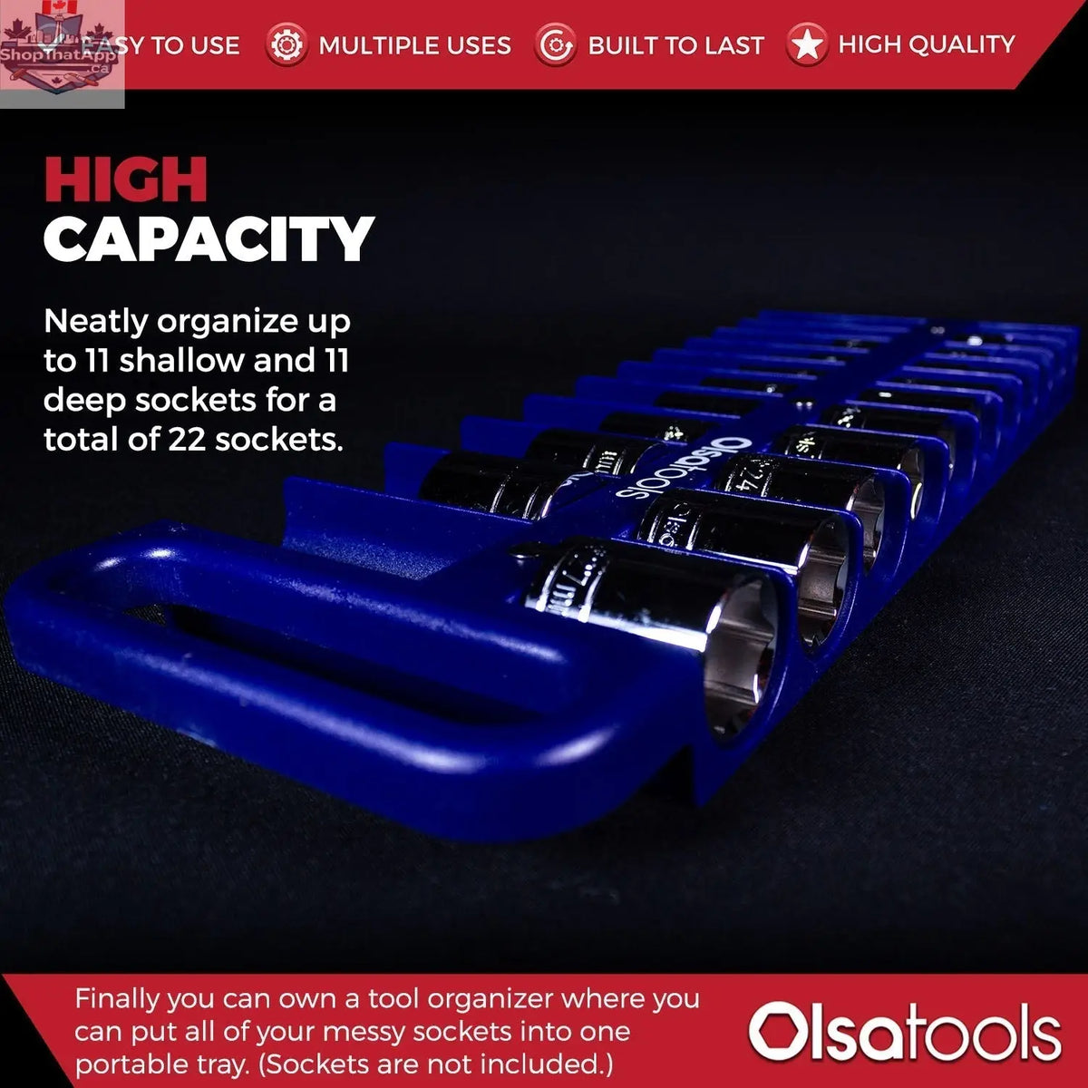 Olsa Tools Canada magnetic socket organizer tray holding various socket sizes for efficient tool management and storage.