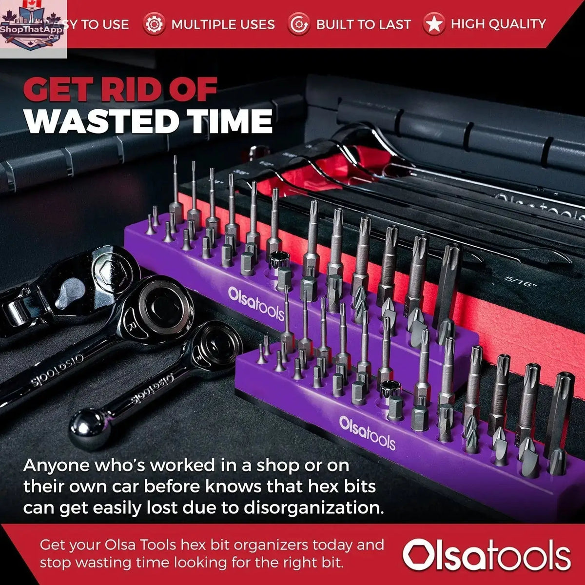 Olsa Tools Canada magnetic hex bit organizer with multiple slots for efficient tool storage and easy access, shown in the infographic.
