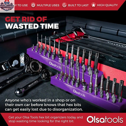 Olsa Tools Canada magnetic hex bit organizer with multiple slots for efficient tool storage and easy access, shown in the infographic.