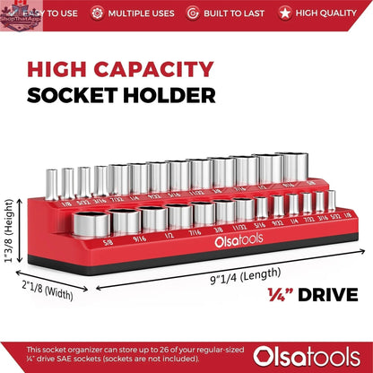 Olsa Tools Canada 2-row magnetic socket holder for 1/2 drive click torque wrenches, organized with clearly visible sockets and magnets.