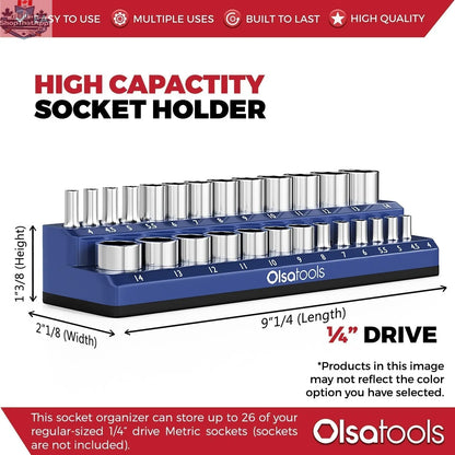 Infographic showing Olsa Tools Canada 2-Row Magnetic Socket Holders for 1/2 drive click torque wrench, organizing sockets efficiently.