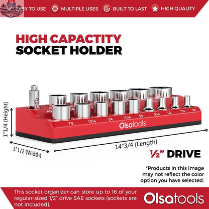 Infographic showing Olsa Tools Canada 2-Row Magnetic Socket Holders for 1/2 drive click torque wrenches, organizing socket sets efficiently.