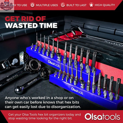 Magnetic hex bit organizer by Olsa Tools Canada holding various hex bits for easy access and efficient tool management.