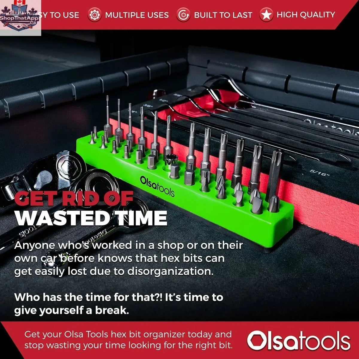 Olsa Tools Canada magnetic hex bit organizer with labeled slots for easy tool management and quick access.