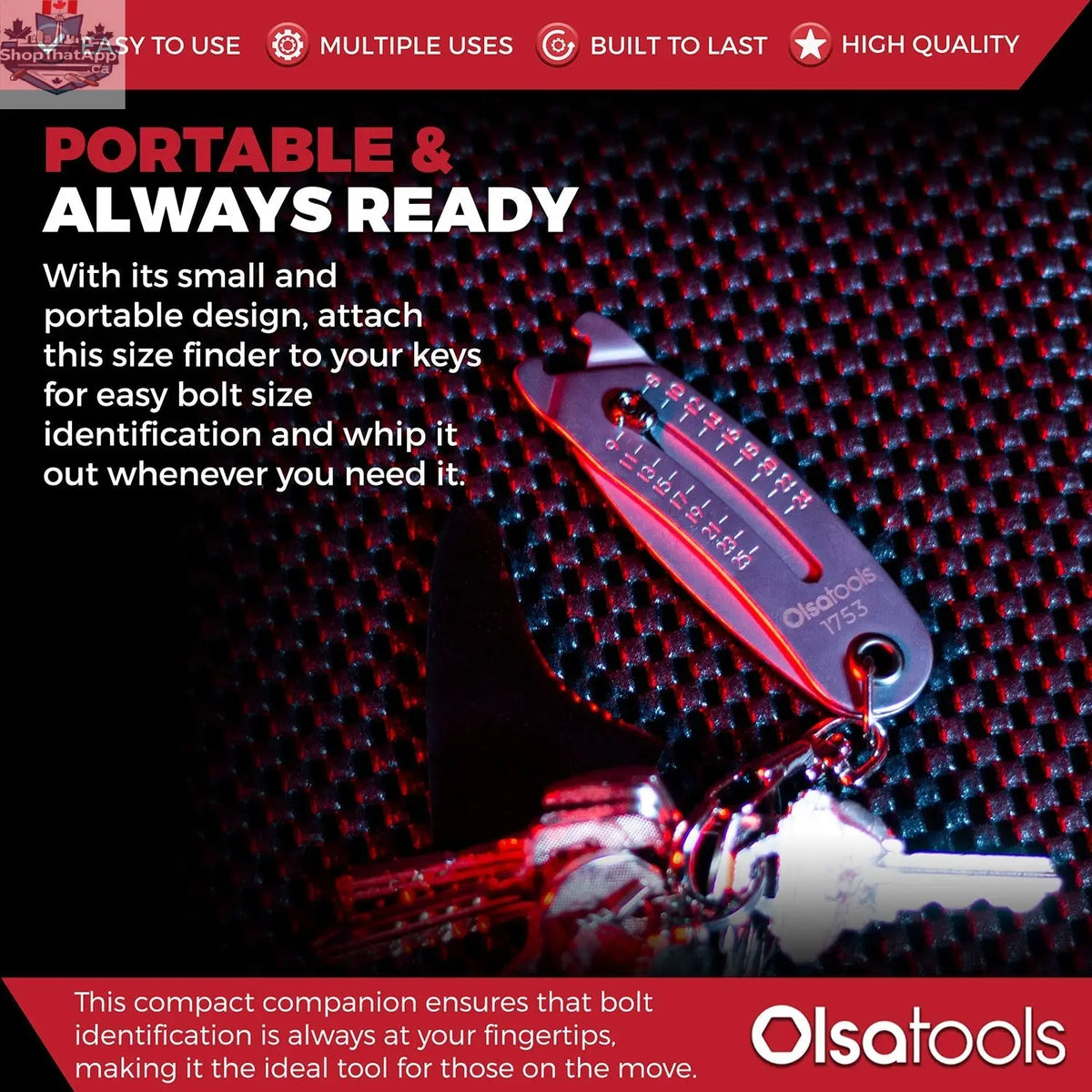 Olsa Tools Canada bolt size finder keychain with infographic, compact tool accessory for quickly identifying bolt sizes.