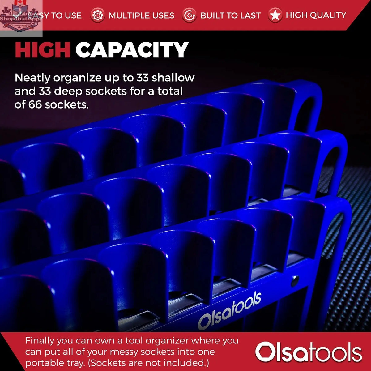 Olsa Tools Canada magnetic socket organizer tray for easy tool management, showing organized sockets in a clear, practical layout.