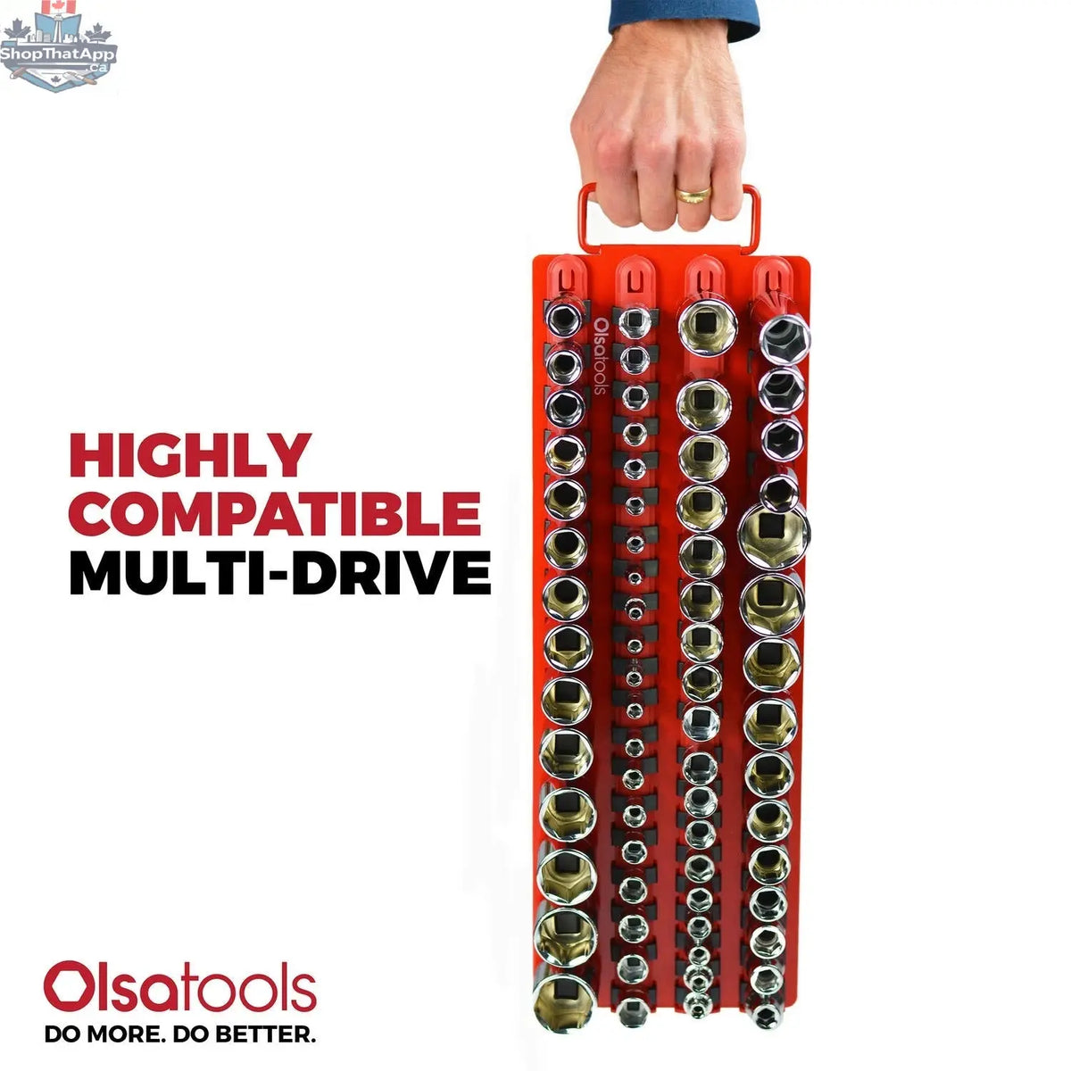 Olsa Tools Canada socket organizer tray with handle holding various socket sizes for easy storage and access.