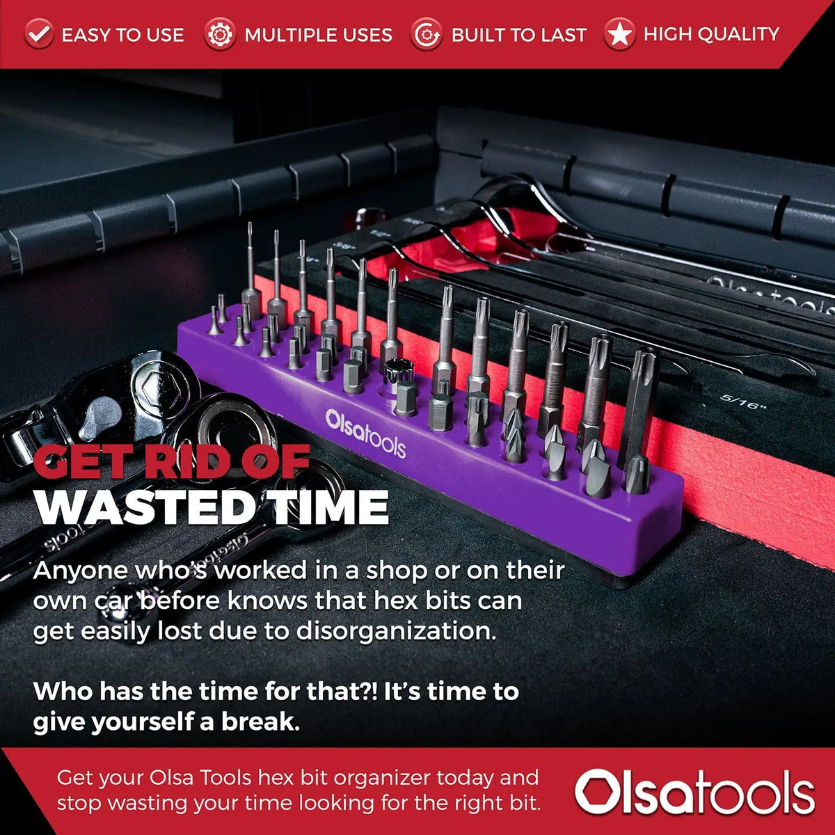 Olsa Tools Canada magnetic hex bit organizer with labeled slots for easy tool access and efficient storage.