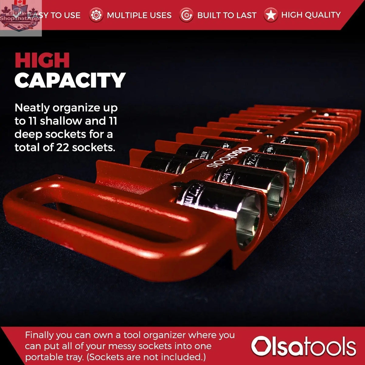Olsa Tools Canada magnetic socket organizer tray holding various socket sizes for easy tool management and storage.