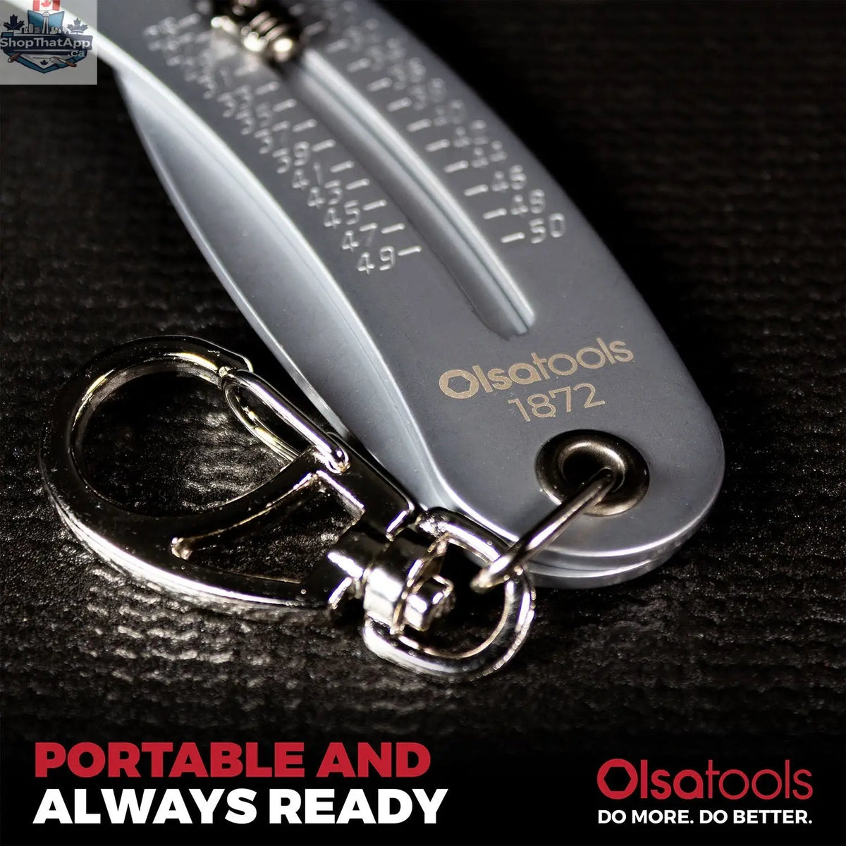 Olsa Tools Canada bolt size finder keychain with infographic showing various bolt sizes and measurement guides for tool accessories.