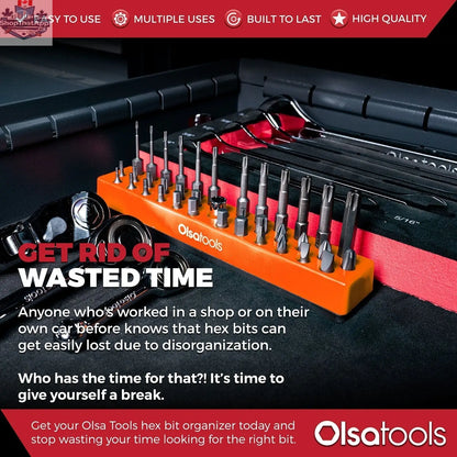Olsa Tools Canada magnetic hex bit organizer with labeled slots for easy tool access and secure storage in a compact design.