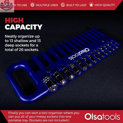 Olsa Tools Canada magnetic socket organizer tray with labeled compartments for easy tool management and secure socket storage