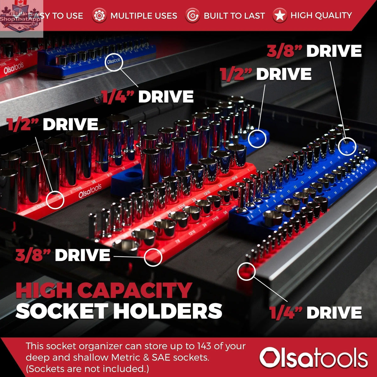 Olsa Tools Canada 2-row magnetic socket holders for 1/2 drive click torque wrench, organized socket storage and easy access.