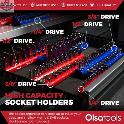 Olsa Tools Canada 2-row magnetic socket holders for 1/2 drive click torque wrench, organized socket storage and easy access.