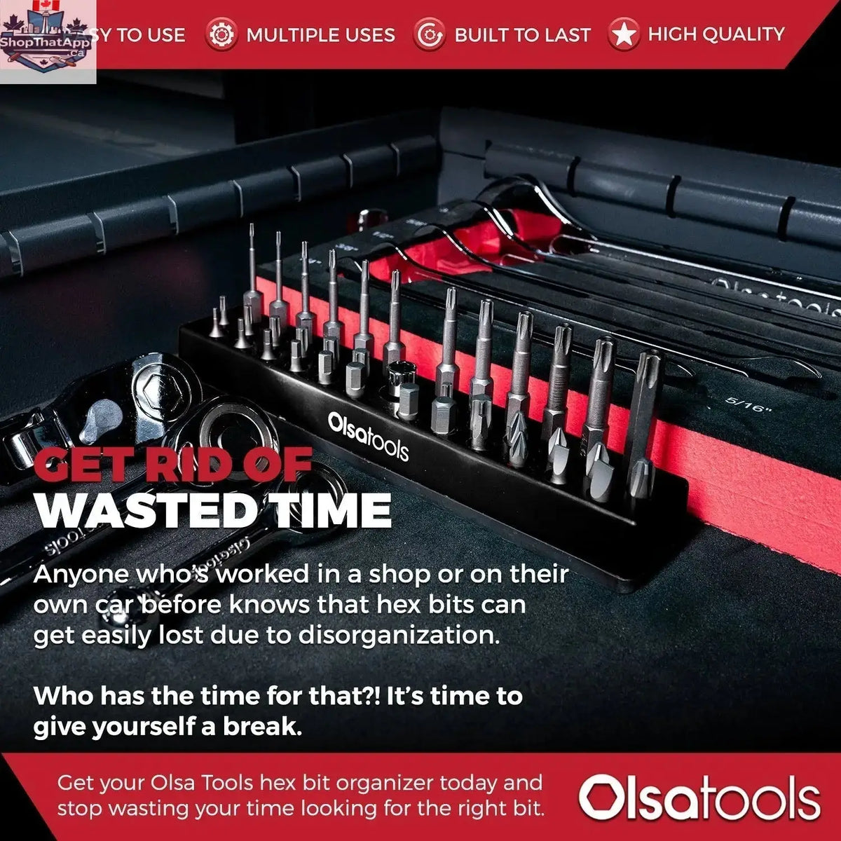 Magnetic hex bit organizer by Olsa Tools Canada displaying a sleek tool storage solution with magnetic slots for easy access and management.
