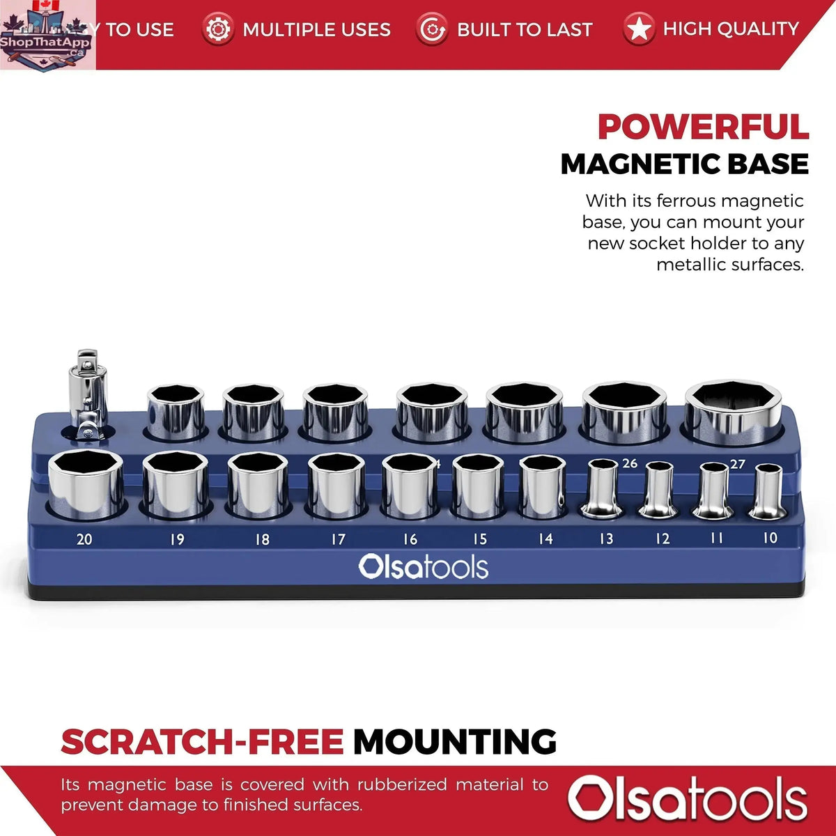 Blue 2-row magnetic socket holders for click torque wrench 1/2 drive, organized by Olsa Tools Canada in an infographic style.