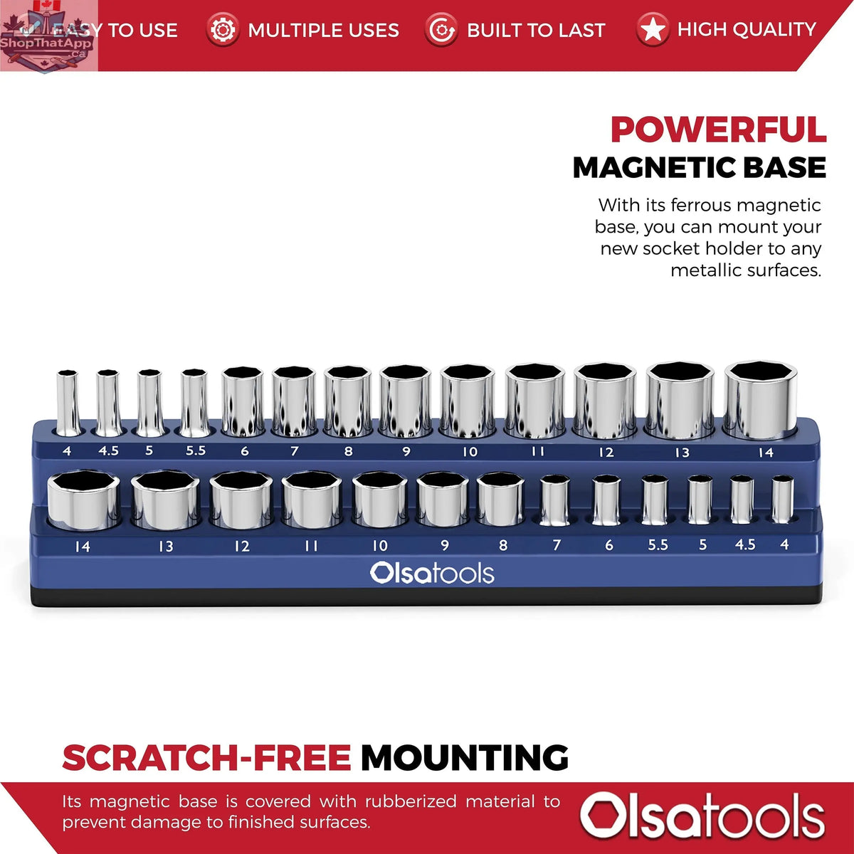 Blue 2-row magnetic socket holder for 1/2 drive torque wrenches, organized by Olsa Tools Canada, ideal for click torque wrench sockets.