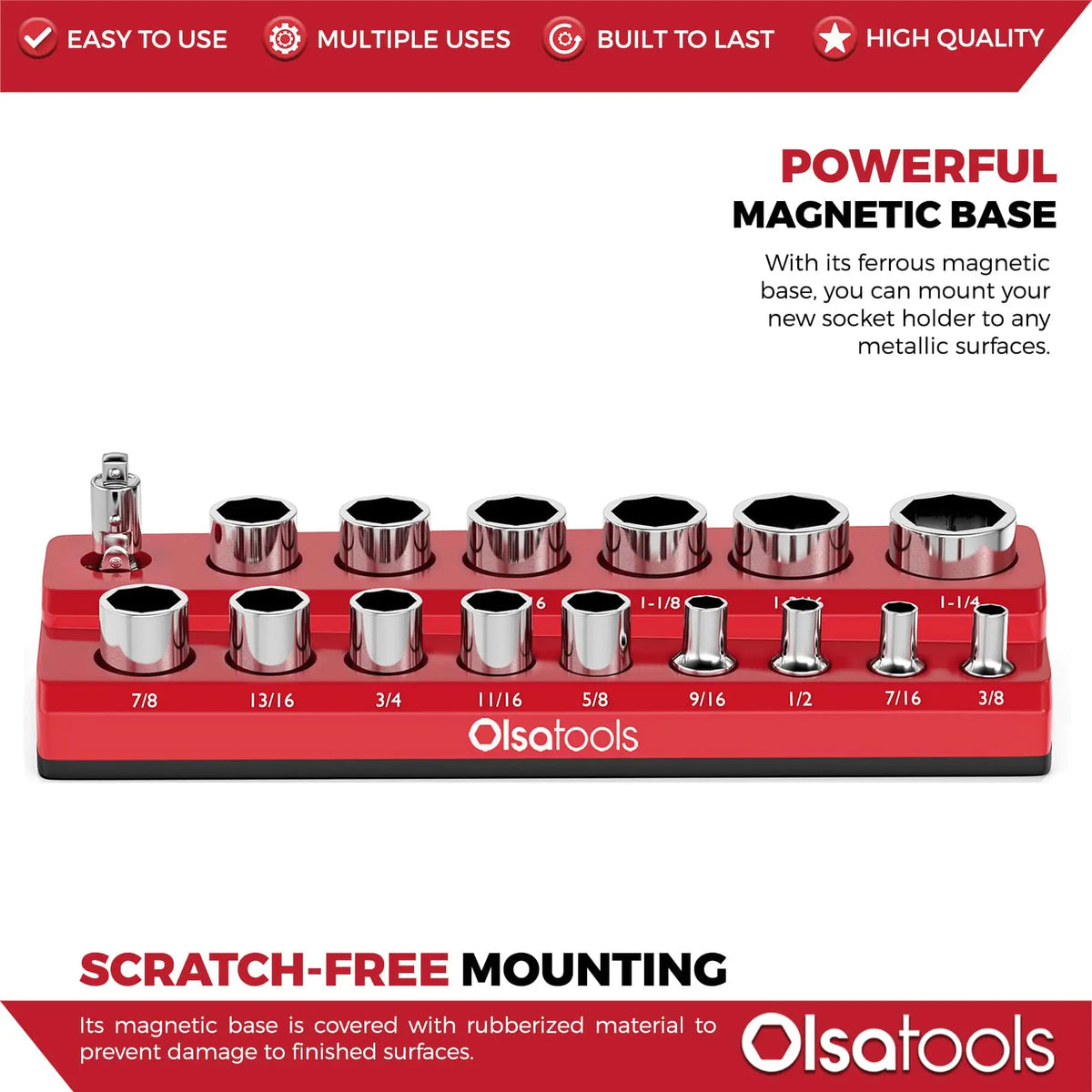 Two-row magnetic socket holder for 1/2 drive click torque wrench, organized with labeled slots for socket storage by Olsa Tools Canada.