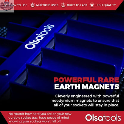 Olsa Tools Canada magnetic socket organizer tray with labeled slots for easy tool management and secure socket storage.