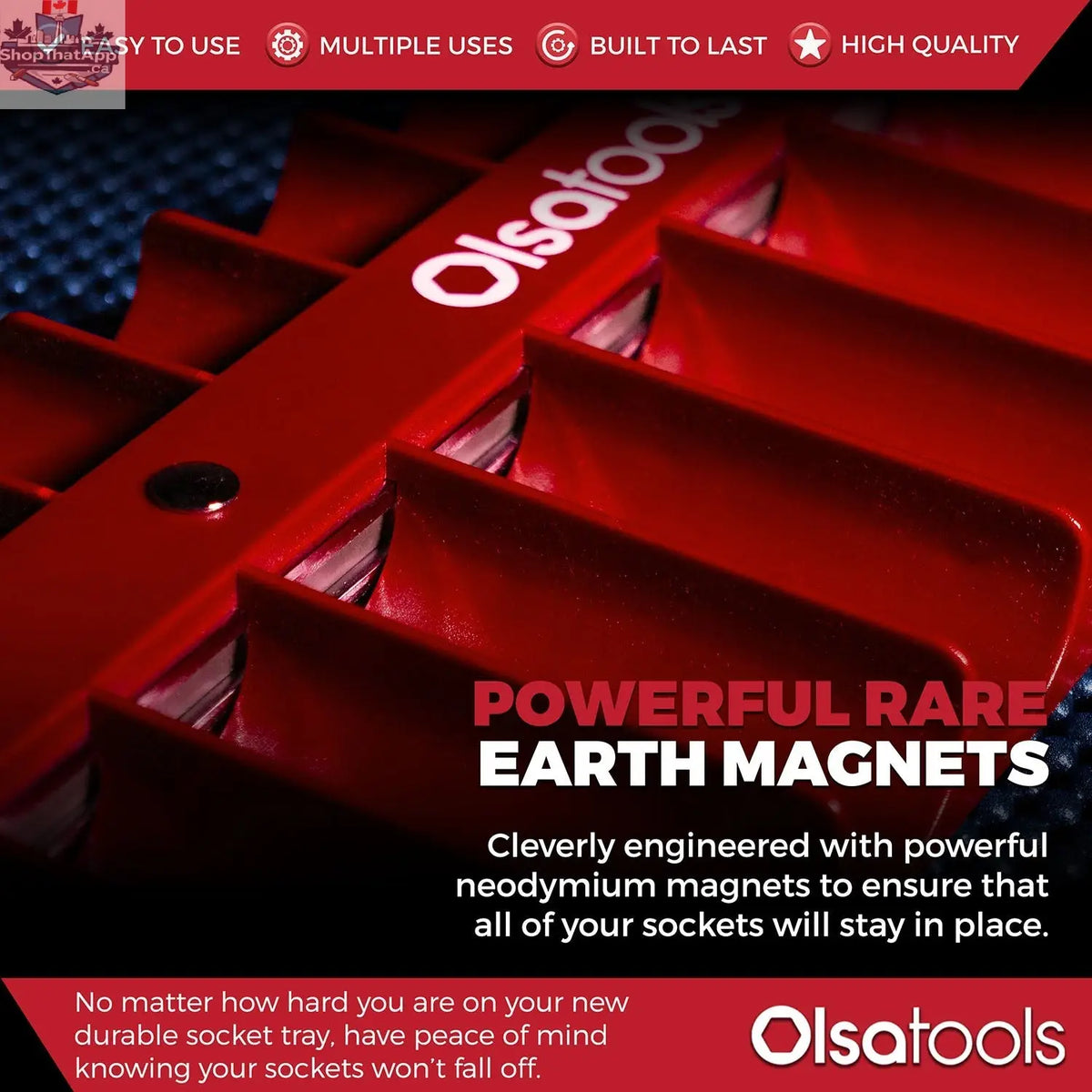 Olsa Tools Canada magnetic socket organizer tray with labeled slots for easy tool management and secure socket storage.