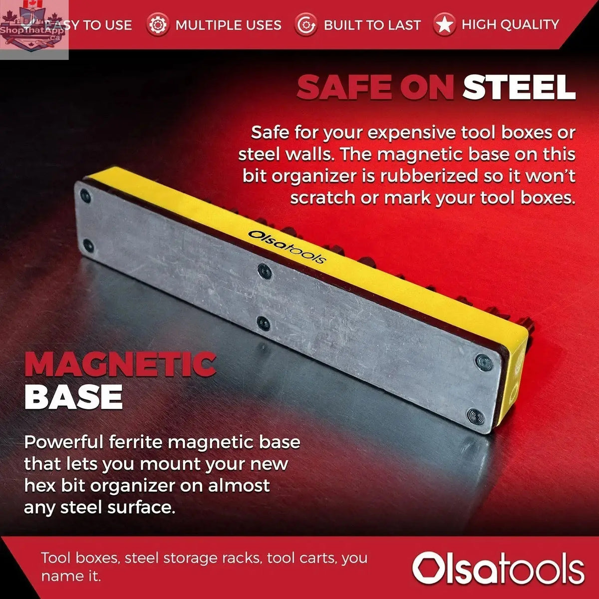 Olsa Tools Canada magnetic hex bit organizer with labeled slots for easy tool management and quick access.