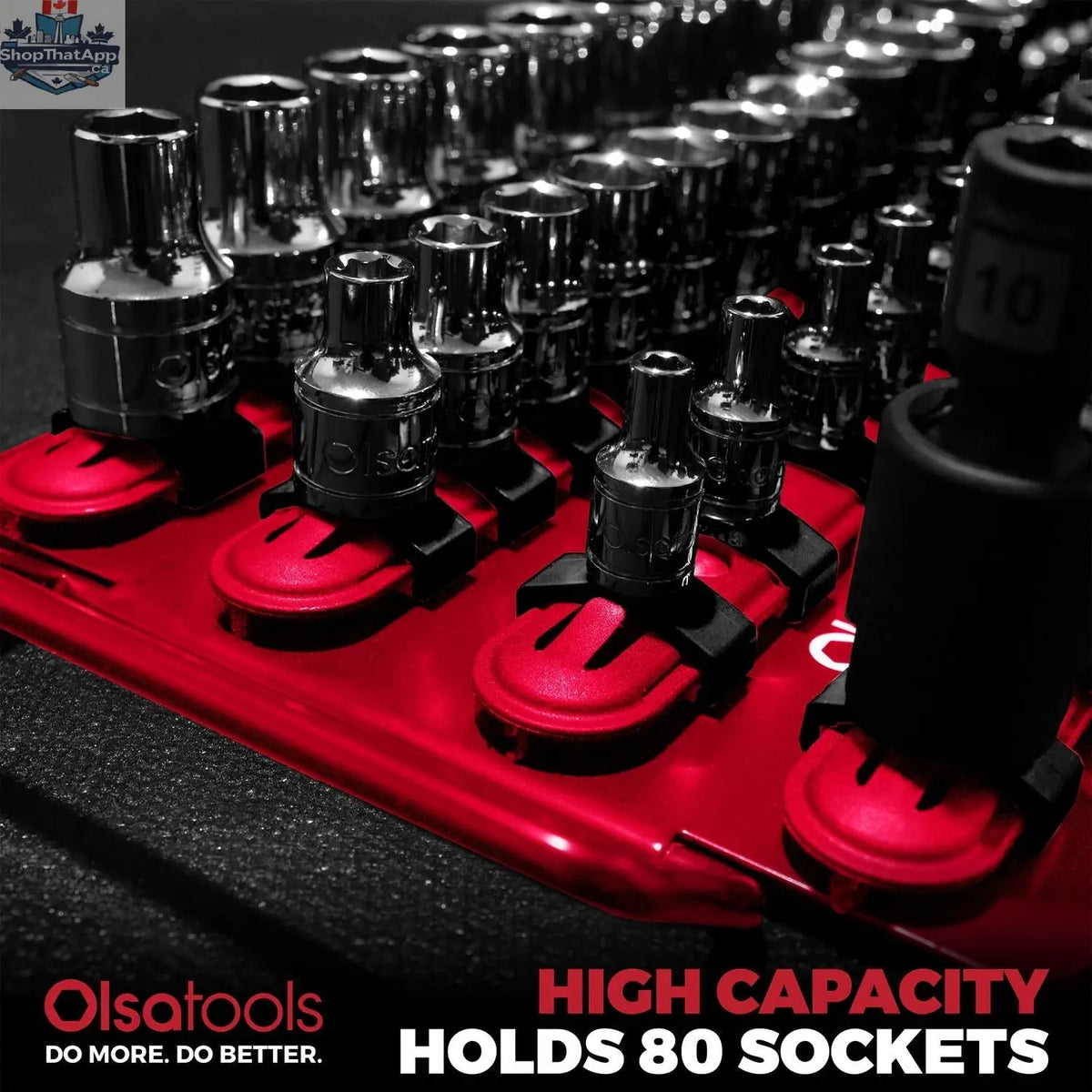 Olsa Tools Canada socket organizer tray with handle, featuring multiple slots for storing and organizing various socket sizes.