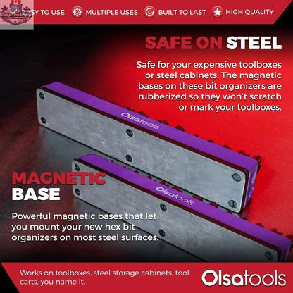 Olsa Tools Canada magnetic hex bit organizer holding various hex bits for easy tool management and quick access.