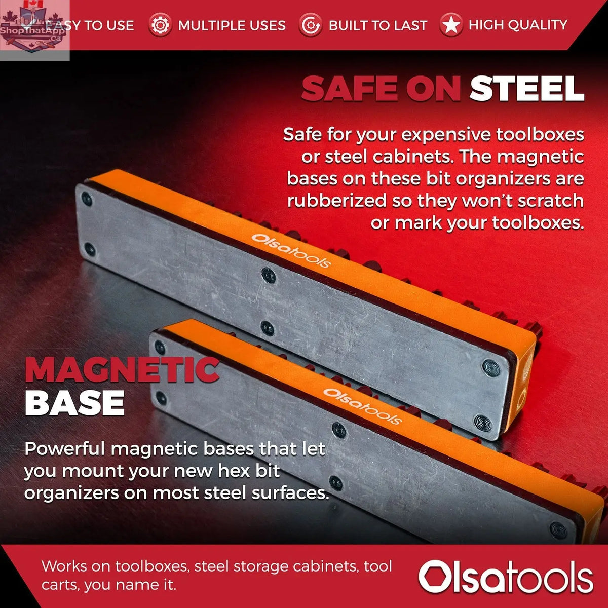 Olsa Tools Canada magnetic hex bit organizer with labeled slots for easy tool management and quick access in a workshop setting.