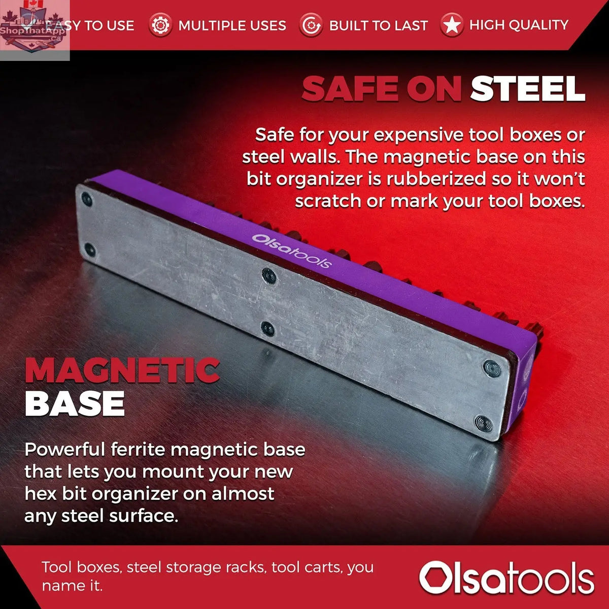 Olsa Tools Canada magnetic hex bit organizer holding various hex bits for easy access and efficient tool management.
